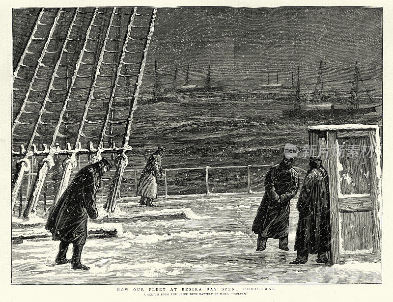 British Royal Navy sailors on deck of HMS Sultan during a snow storm of Be?ik Bay, ?anakkale at the mouth of the Hellespont, Turkey, 1870s, 19th Century